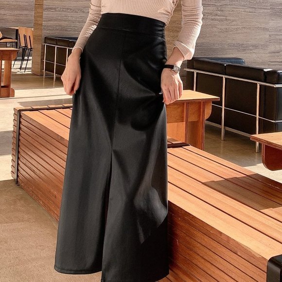 Black Casual Womens High Waist Split Hem PU Leather Skirt - Picture 4 of 5